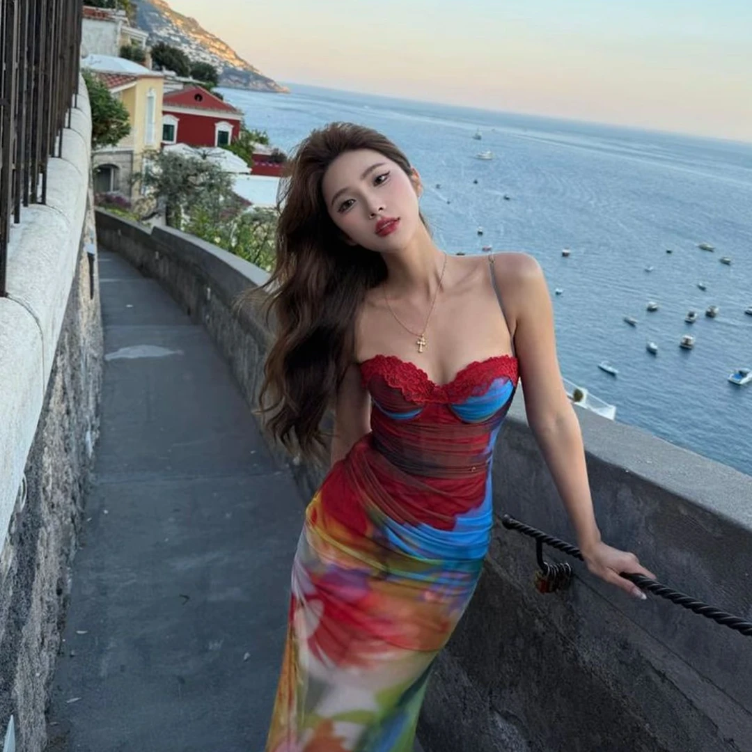 海岛假日油画印染网纱吊带连衣裙辣妹纯欲性感修身收腰显瘦长裙子