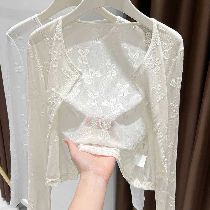 蝴蝶结蕾丝提花吊带裙外搭开衫女2025春季爆款杏色防晒罩衫短外套