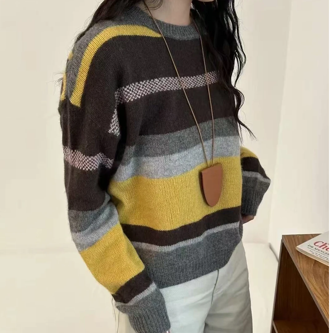 温柔系气质慵懒宽松软糯彩色条纹套头针织毛衣女108