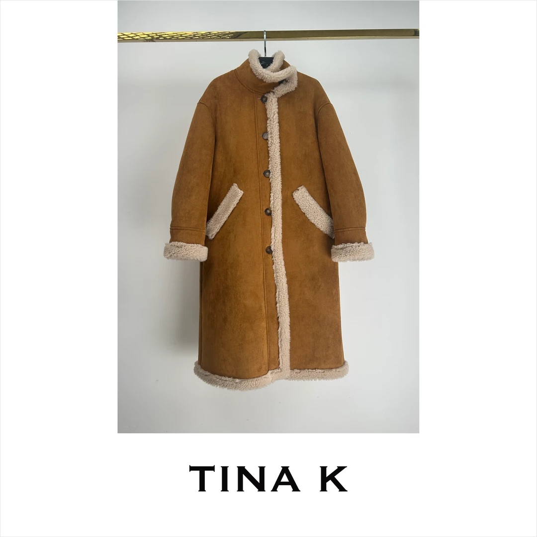 TinaK绵羊毛长款外套气质时尚百搭女士翻领秋冬毛呢DY224139