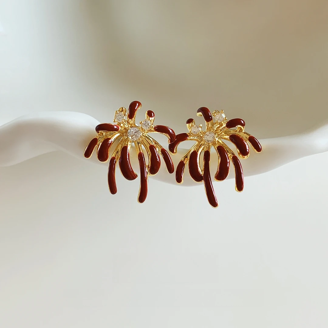 铜合金耳饰 红色珐琅烟花耳环女小众独特耳钉轻奢高级感气质耳饰