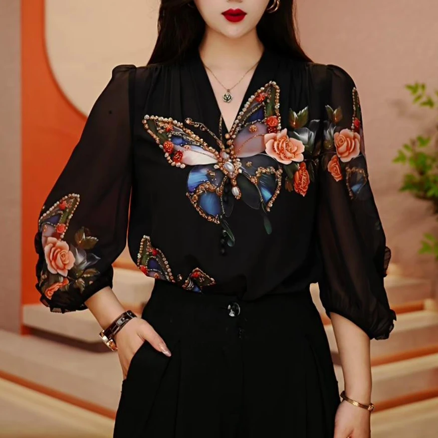 A241817- 新款琉璃双皱丝洋气时尚百搭休闲气质女士印花小衫显瘦