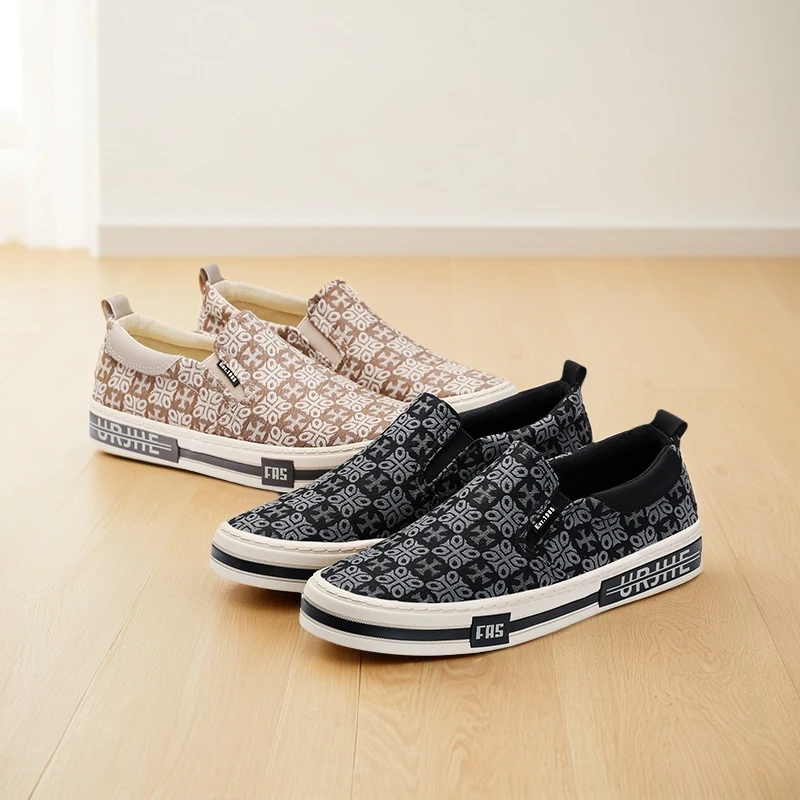 25809 男鞋秋季透气一脚蹬布鞋休闲帆布鞋软底韩版潮流印花懒人鞋