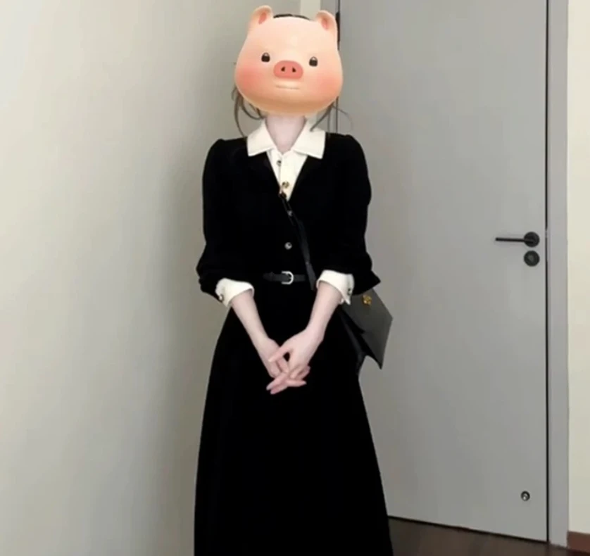 （80-200斤）法式小香风黑色收腰大码胖mm高级感假两件连衣裙1950