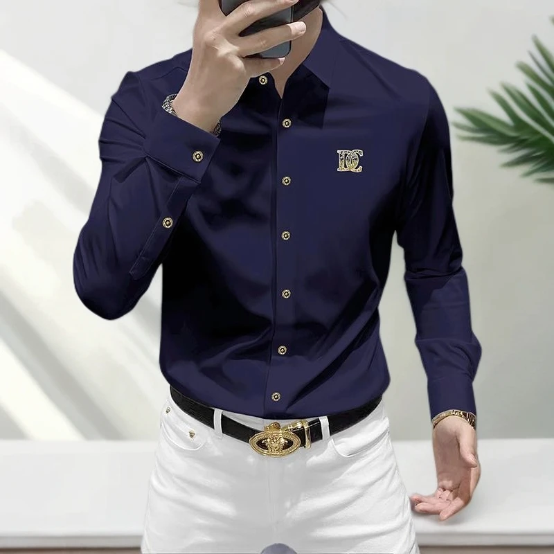 商务休闲冰丝衬衣男士潮高级感烫钻弹力深灰色修身免烫衬衫男长袖