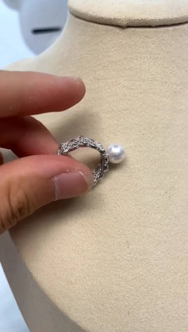 银S925镶嵌戒指海水珍珠8-9