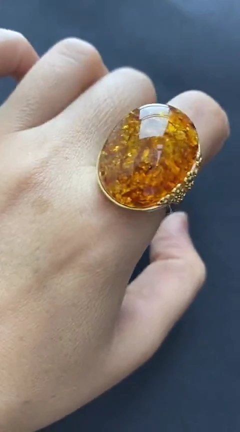 银S925镶嵌琥珀裸石花珀戒指