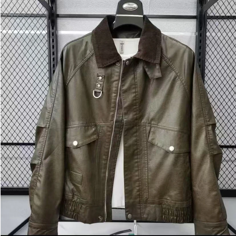 新款高品质男士翻领休闲皮衣夹克