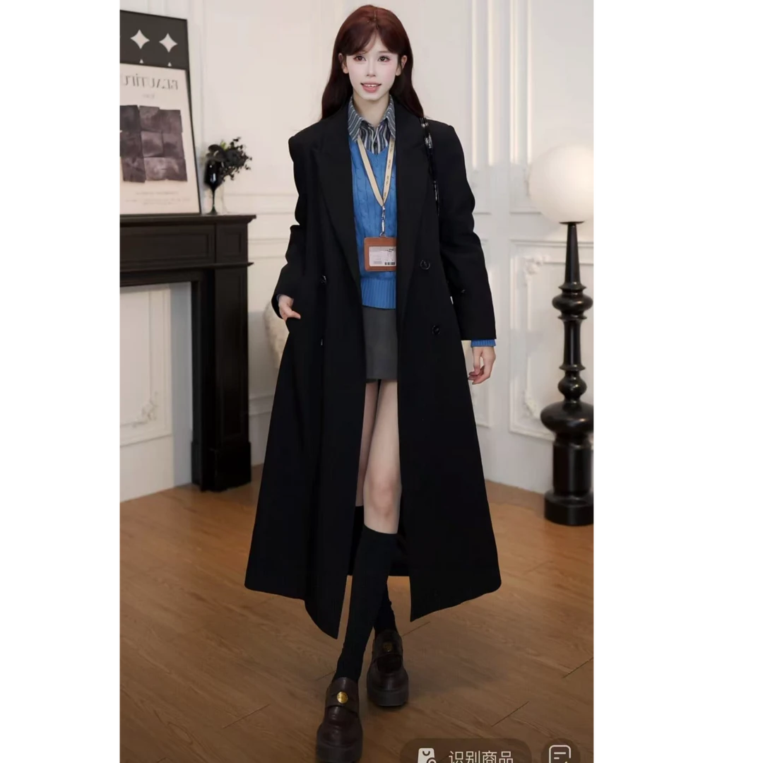 小小仟通勤风舒适保暖休闲直筒长款西装大衣