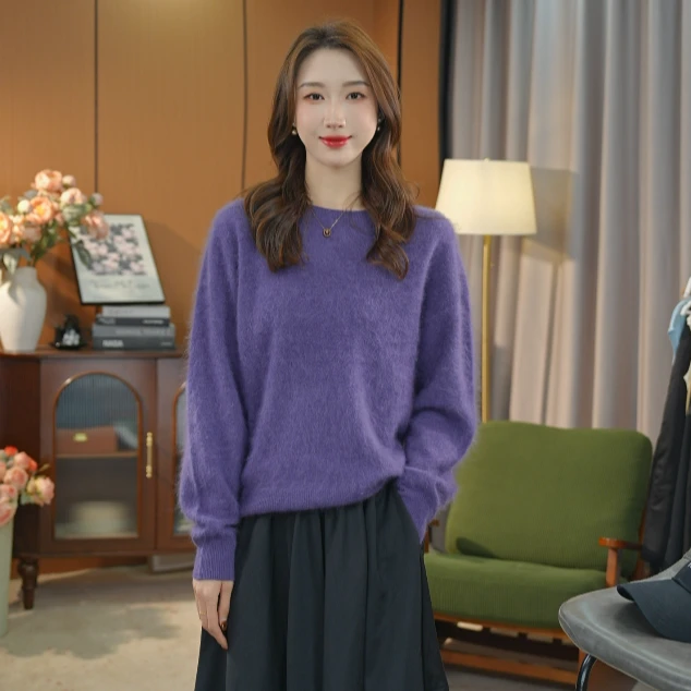 【秋罗兰】羊绒拉毛秋冬新款显瘦洋气中淑纯色时尚百搭毛针织衫宽松
