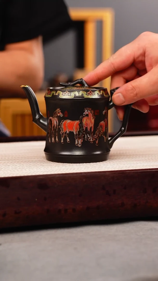 茶壶紫砂石黄 竹节 八骏珐琅彩