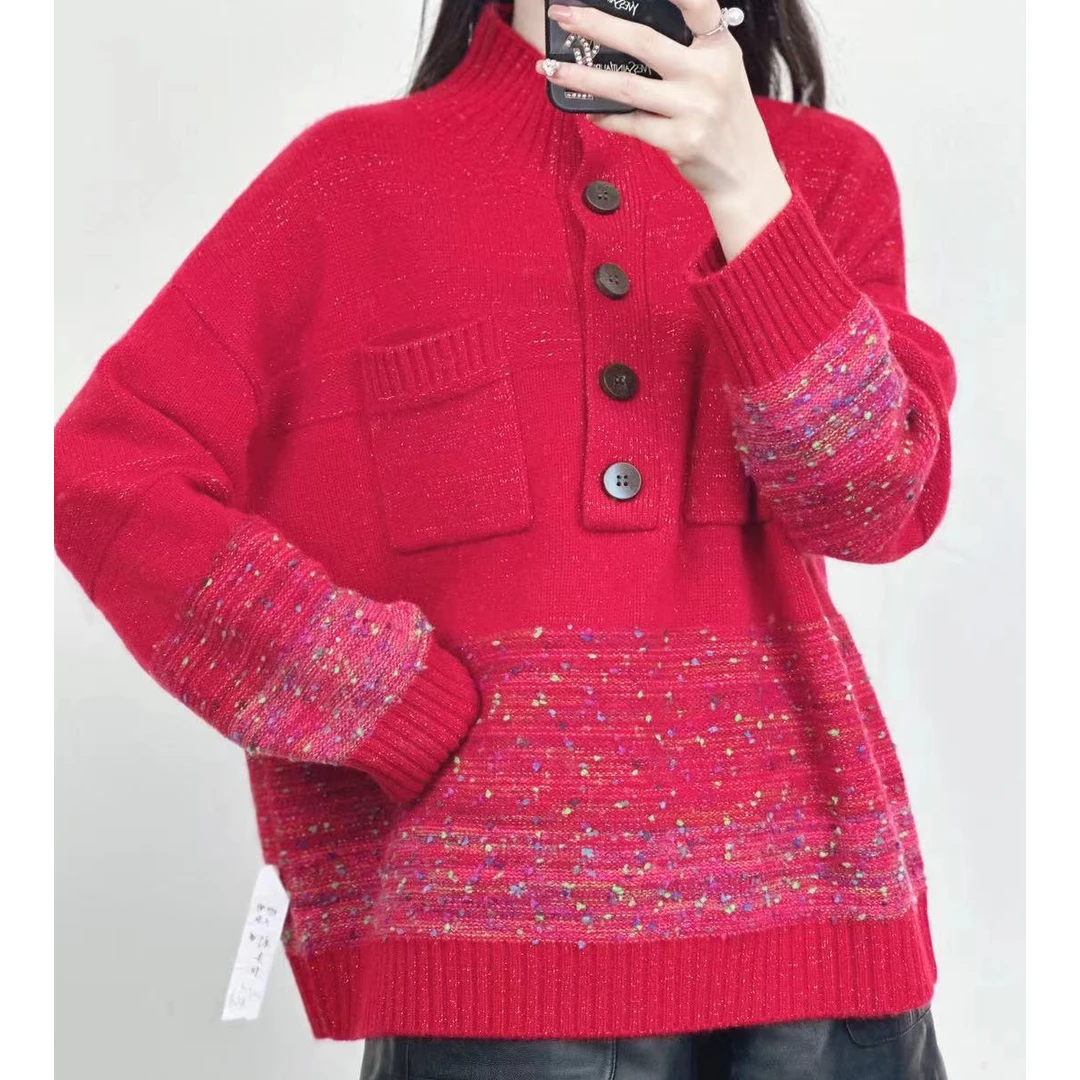 【卡诗米羊绒】23926时尚女款针织宽松慵懒风上衣休闲复古秋冬