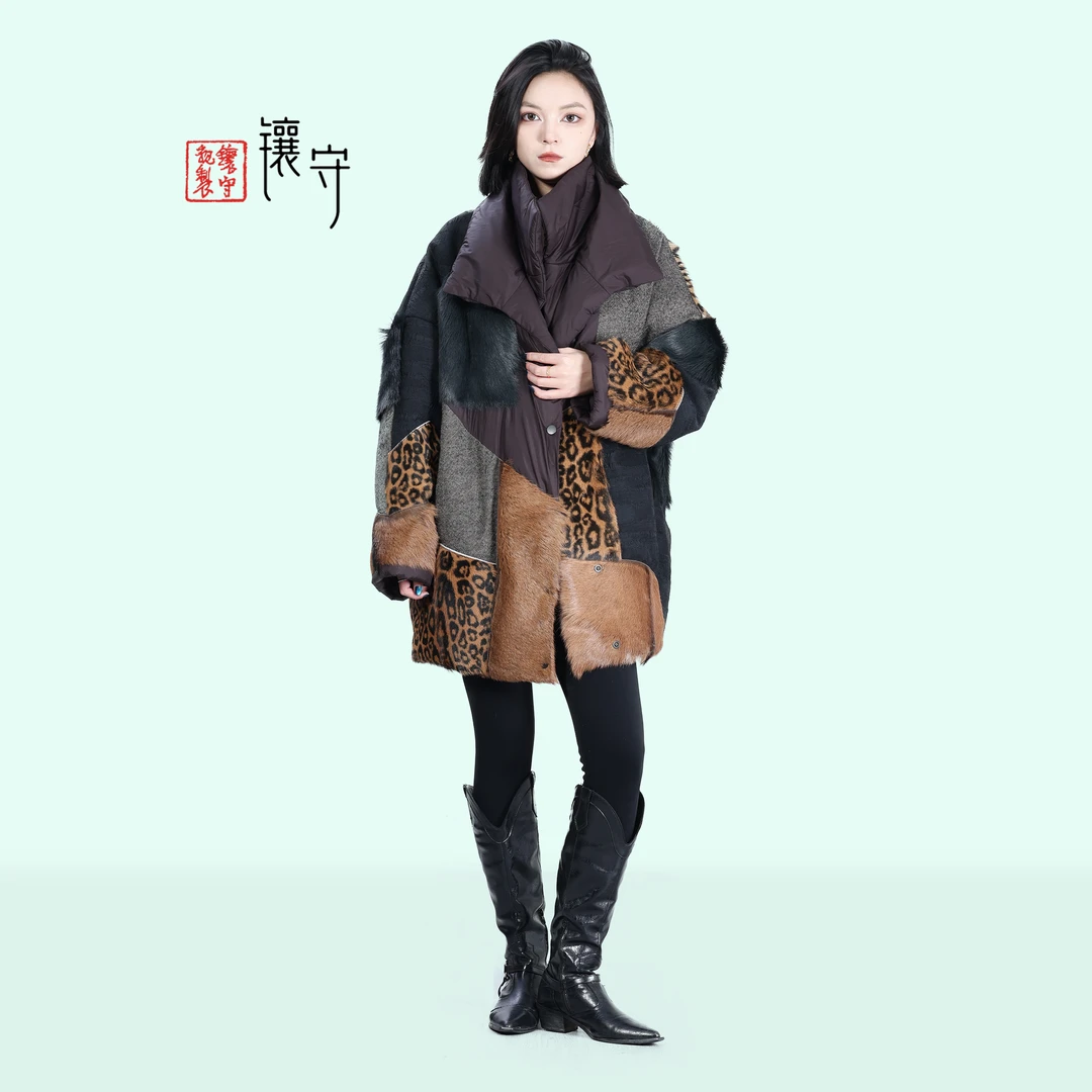 【镶守·紫荆】冬季时尚轻奢设计皮毛一体中长款白鹅绒服外套T25102