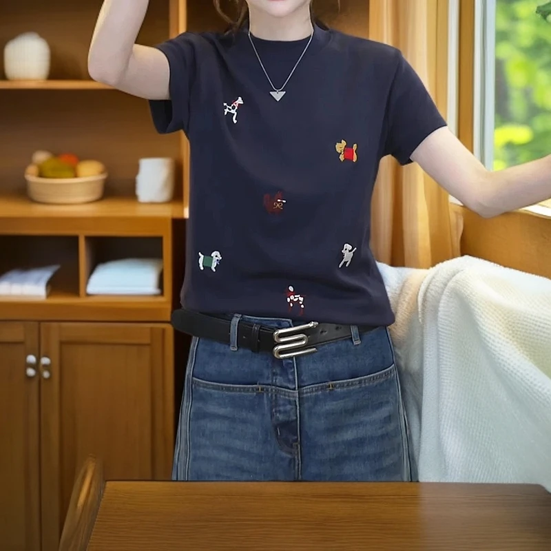 重工球球狗刺绣圆领短袖T恤女2025春夏新款时尚休闲百搭显瘦上衣