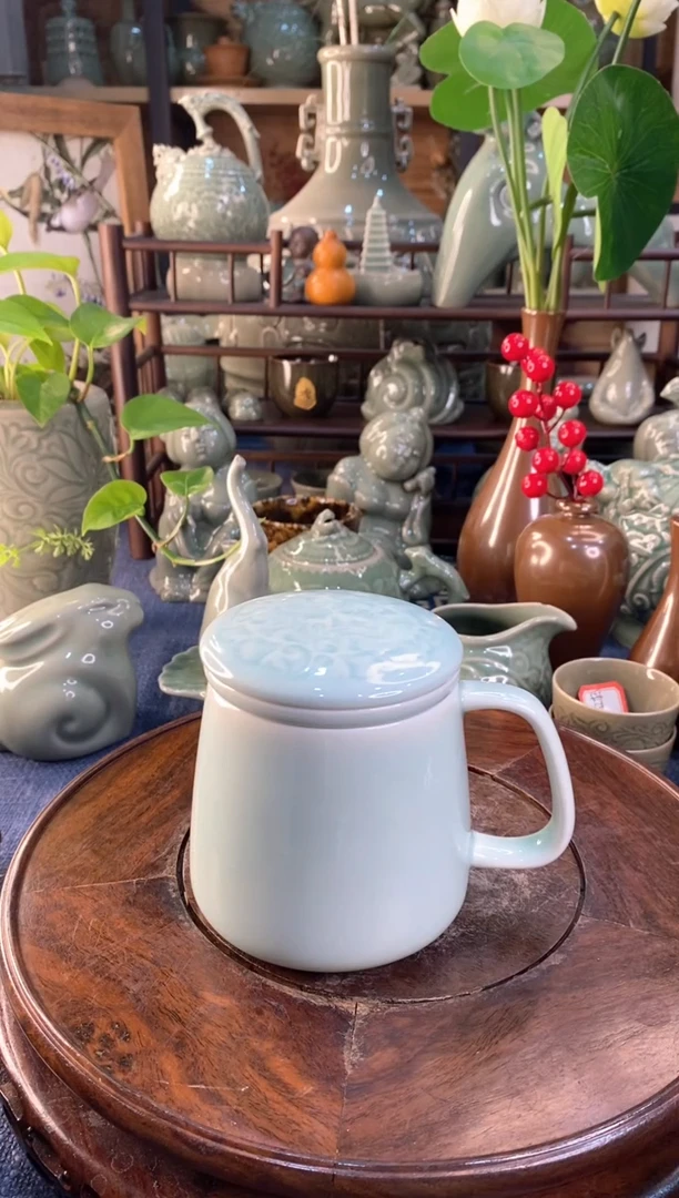 耀州窑 微瑕 天青牡丹素面茶漏杯【b000119】1只
