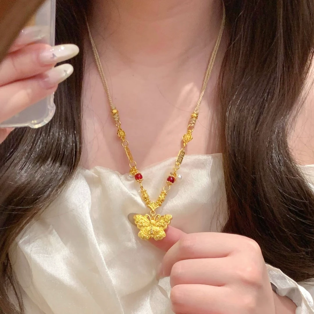 铜合金布艺项链 蝴蝶吊坠福蝶迭至项链女新中式金色编织绳