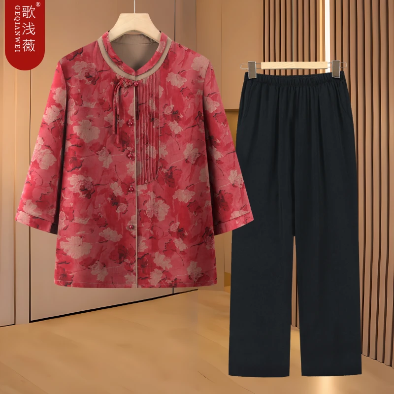 中老年人女夏装国风奶奶七分袖衬衫妈妈装春夏季衬衣老人太太衣服