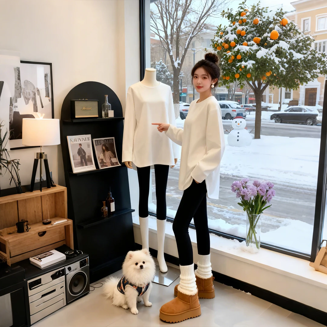 德绒圆领宽松慵懒风加厚白色长袖T恤女秋冬2025新款开叉打底上衣