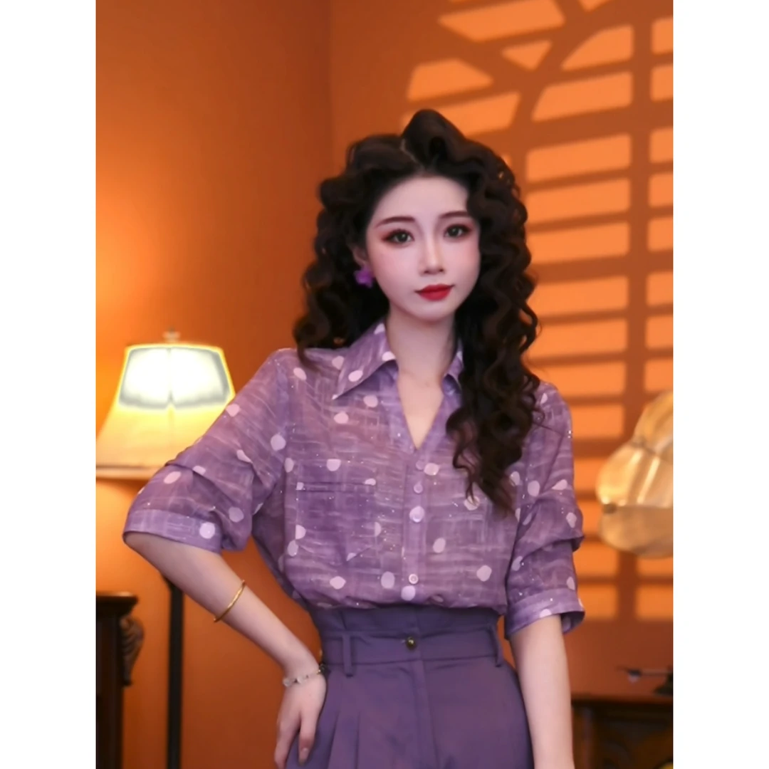 蒋肉肉【微醺玫瑰】港味复古时尚气质短袖上衣02383