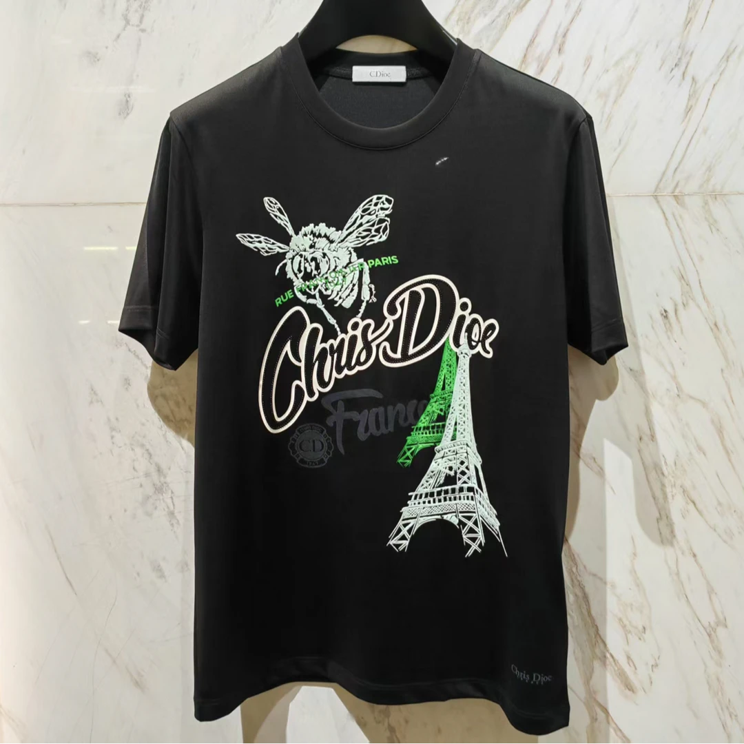 C.Dioc男士25春夏埃菲尔铁塔黑色短袖圆领T恤