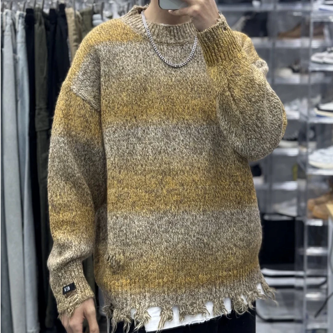 男士圆领破洞毛衣男宽松慵懒风潮流渐变色套头毛衣时尚休闲保暖