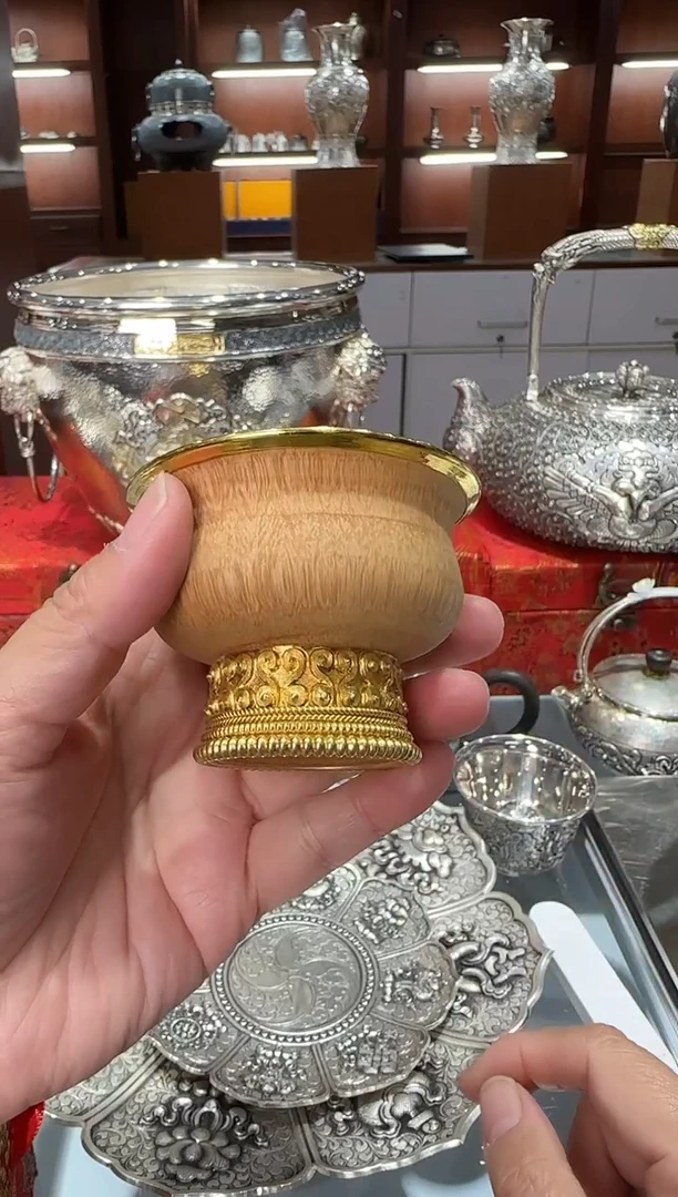 半*足金手工精工高脚木包金主人杯