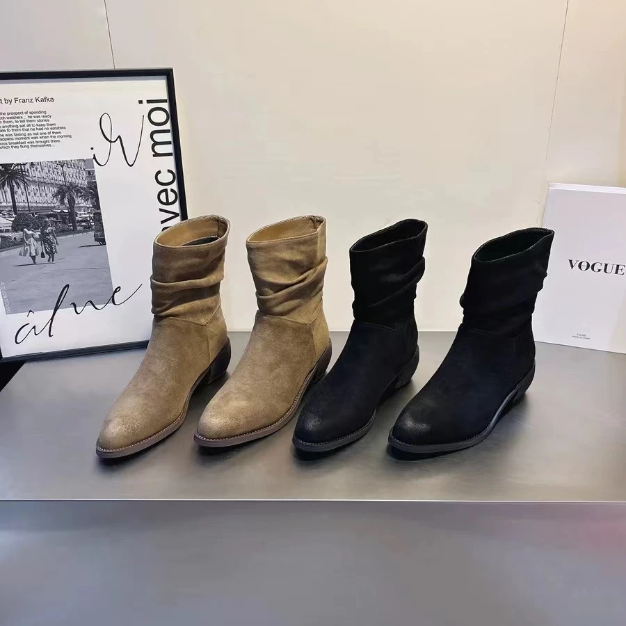 秋冬新款韩版通勤瘦瘦简约粗跟裸靴短靴72-8256(不加绒)