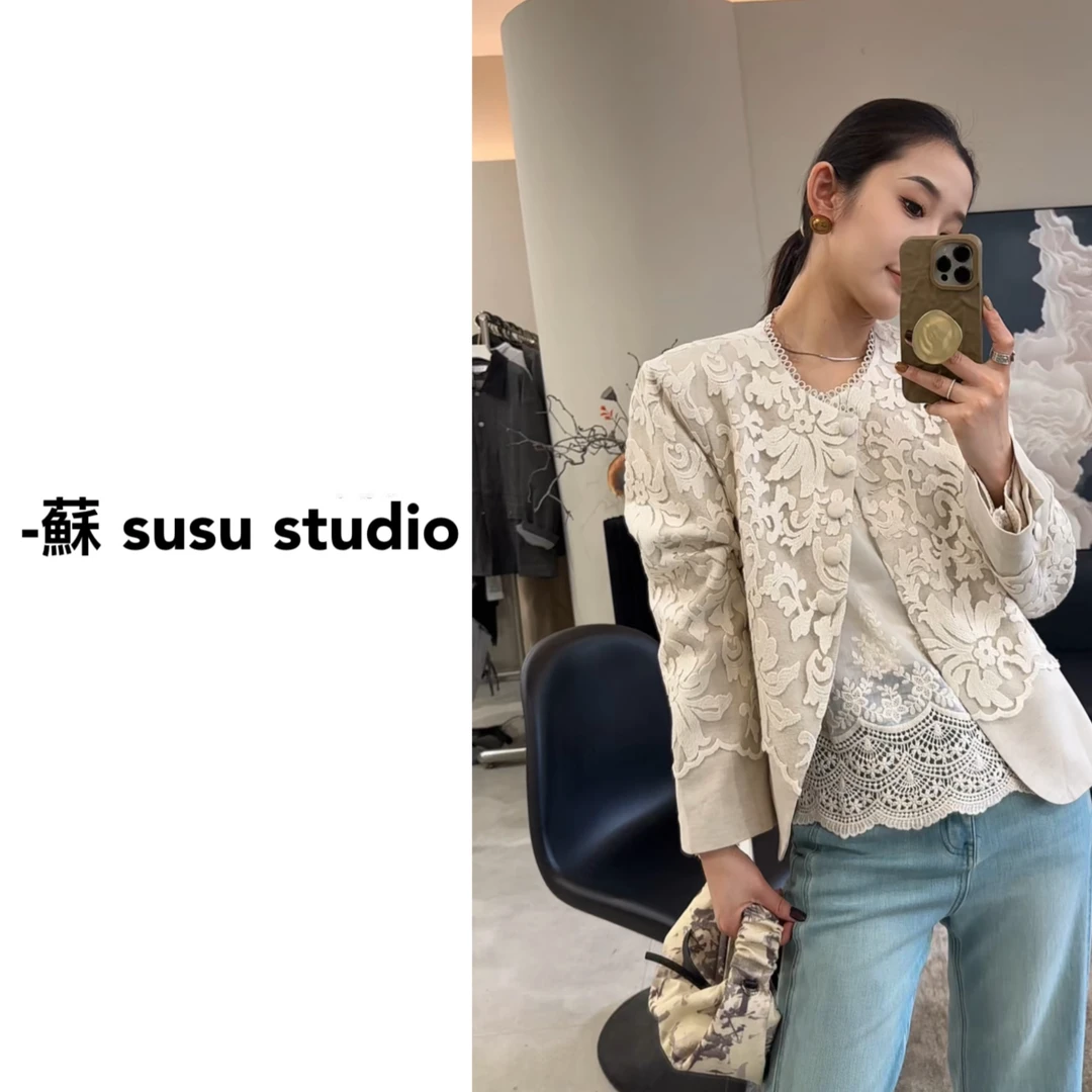 ZX6124春装新款蕾丝刺绣拼接长袖外套女小香风圆领上衣