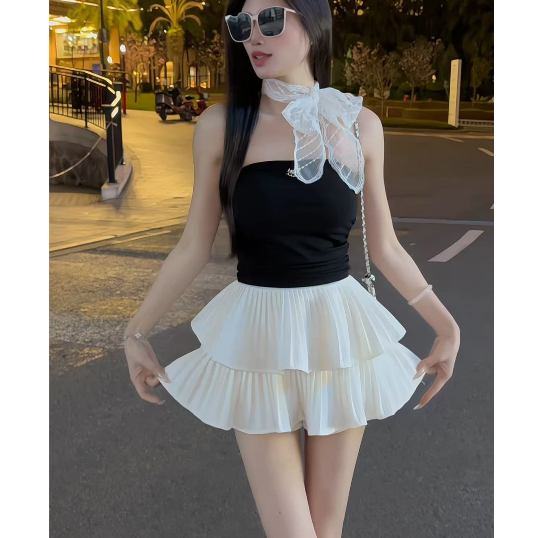 纯欲性感抹胸上衣设计感修身短款绑带背心蛋糕裙蓬蓬裙