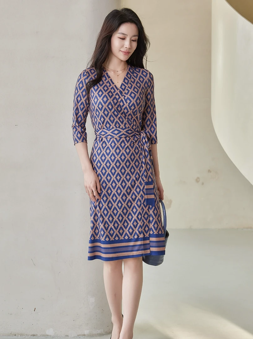 法国茵芝本INZB华夫格夏季新款定位印花气质修身显瘦裹身裙连衣裙