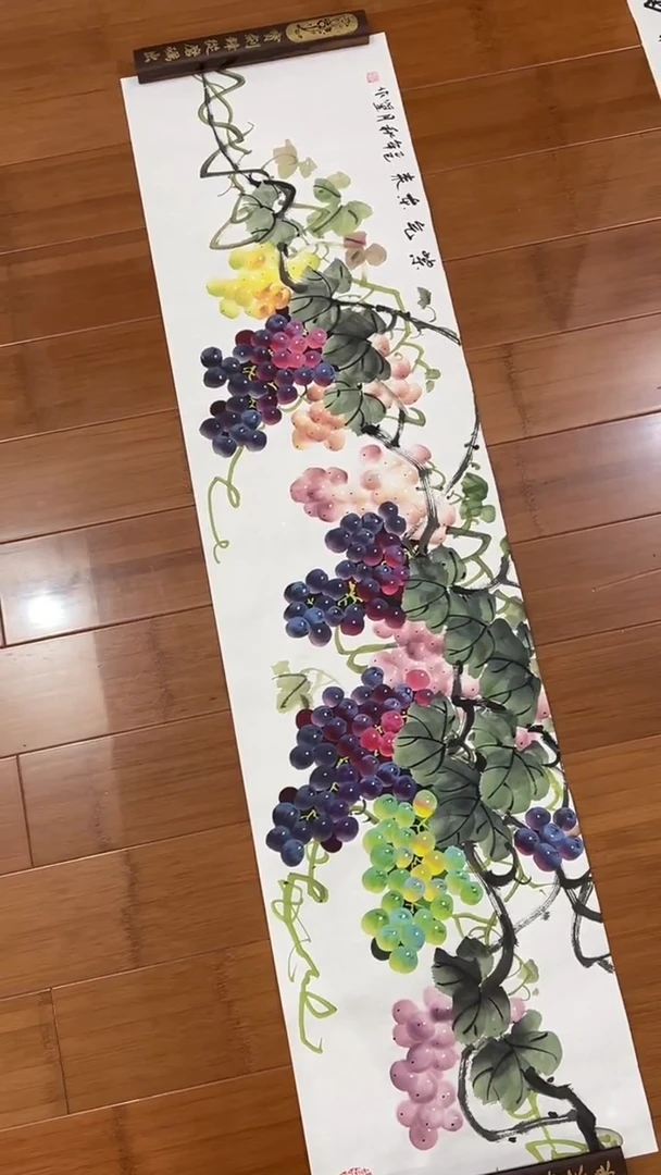 国画【福利，纯手工手绘】听昱葡萄横幅138*34厘米