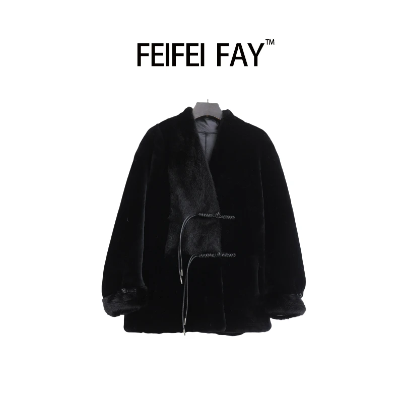新中式国风盘扣V领美利奴真皮毛水貂女士外套6862