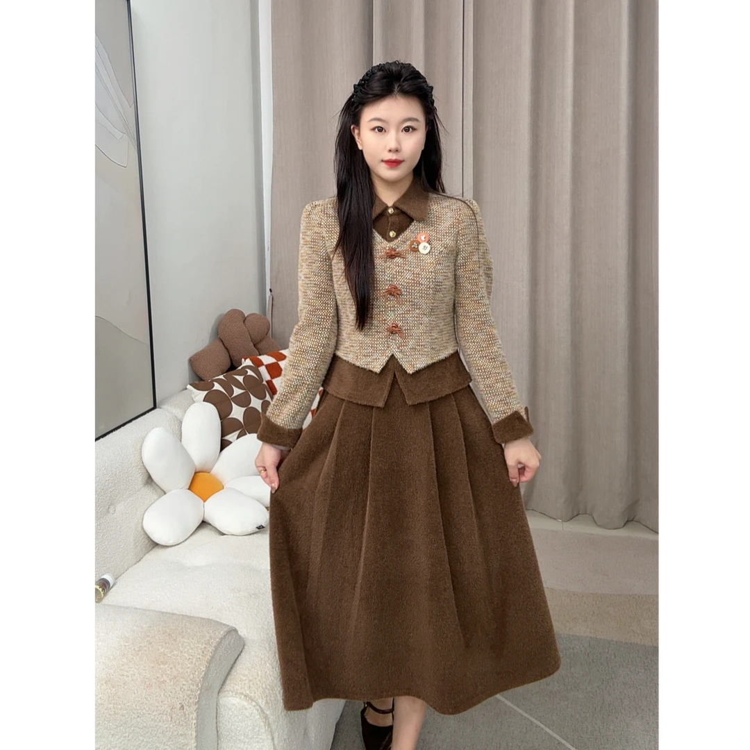 2025秋冬季新款洋气翻领气质显瘦修身两件套裙外套+裙子Y8710164