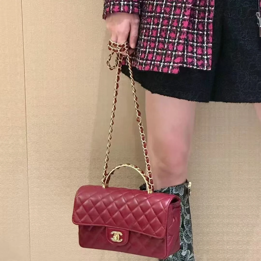 99新 Chanel/香奈儿 酒红色金扣手柄CF链条包 芯片款16793371