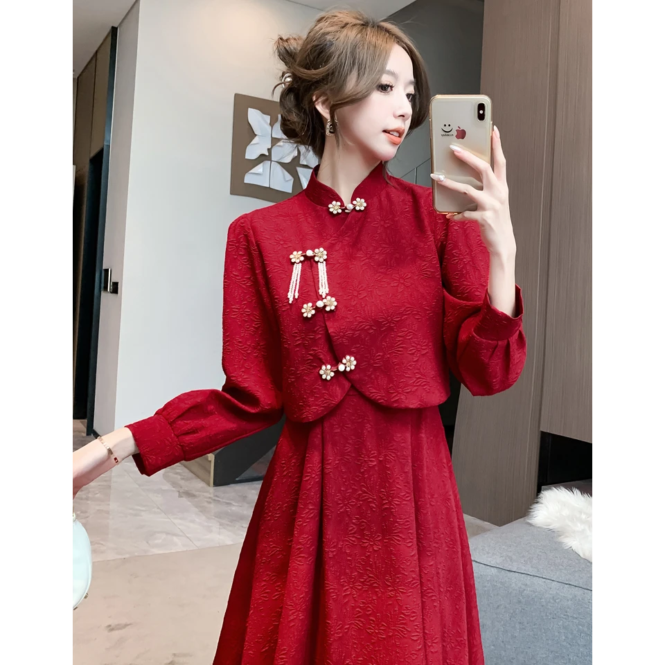 新中式改良旗袍红色连衣裙女夏季小个子敬酒服2025新款订婚礼服裙