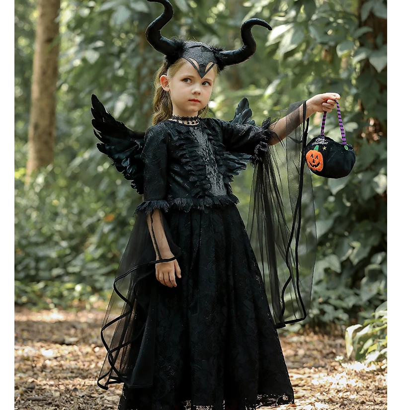 圣诞节儿童沉睡公主魔咒cos装扮演出服黑色巫婆裙女童礼服公主裙