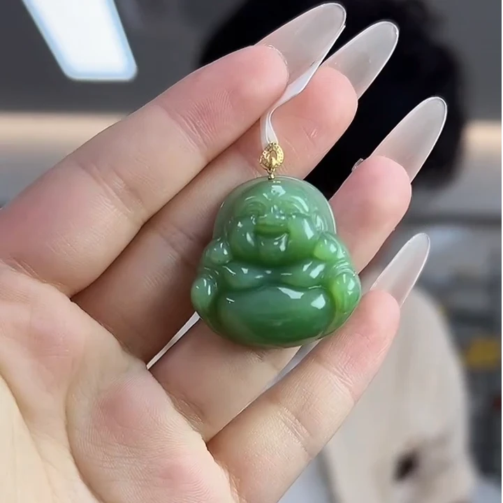 18K金经典国风天然和田玉碧玉猫眼佛公吊坠-1646