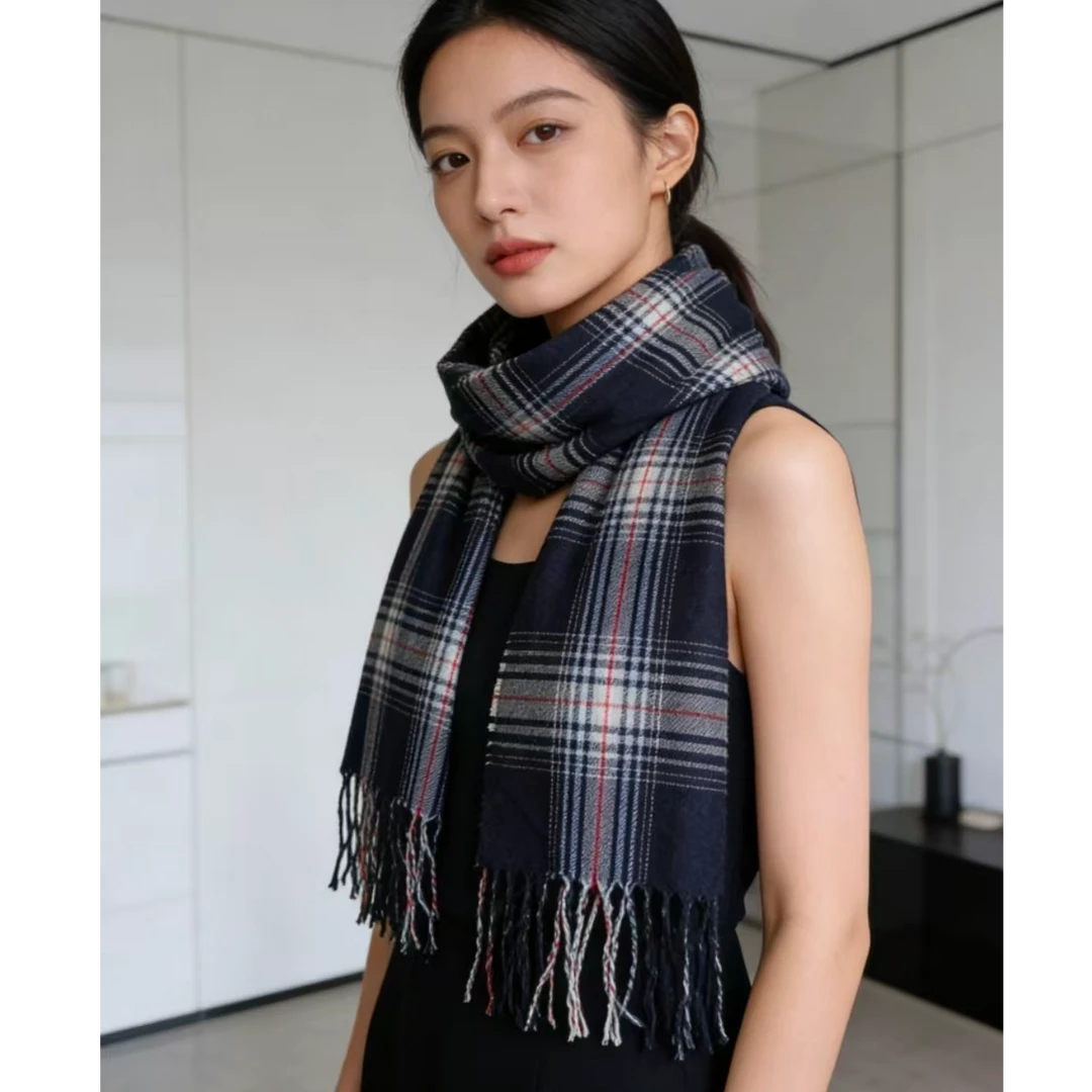 秋冬季软妹风格子羊毛流苏围巾女百搭披肩保暖加厚围脖2601