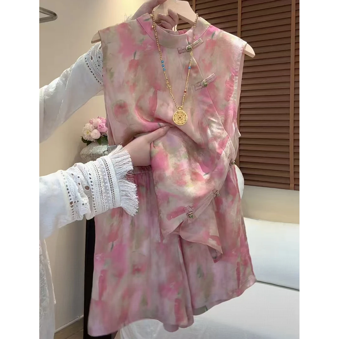 “芍药”2025新中式国风旗袍盘扣618背心上衣短裤两件套zx