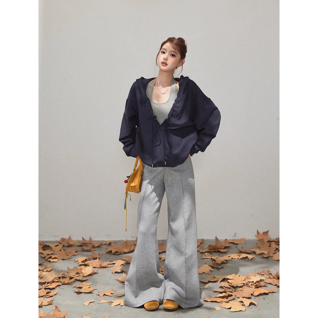 抽褶连帽V领长袖卫衣女秋韩系休闲上衣+经典条纹挂脖吊带C 9234#