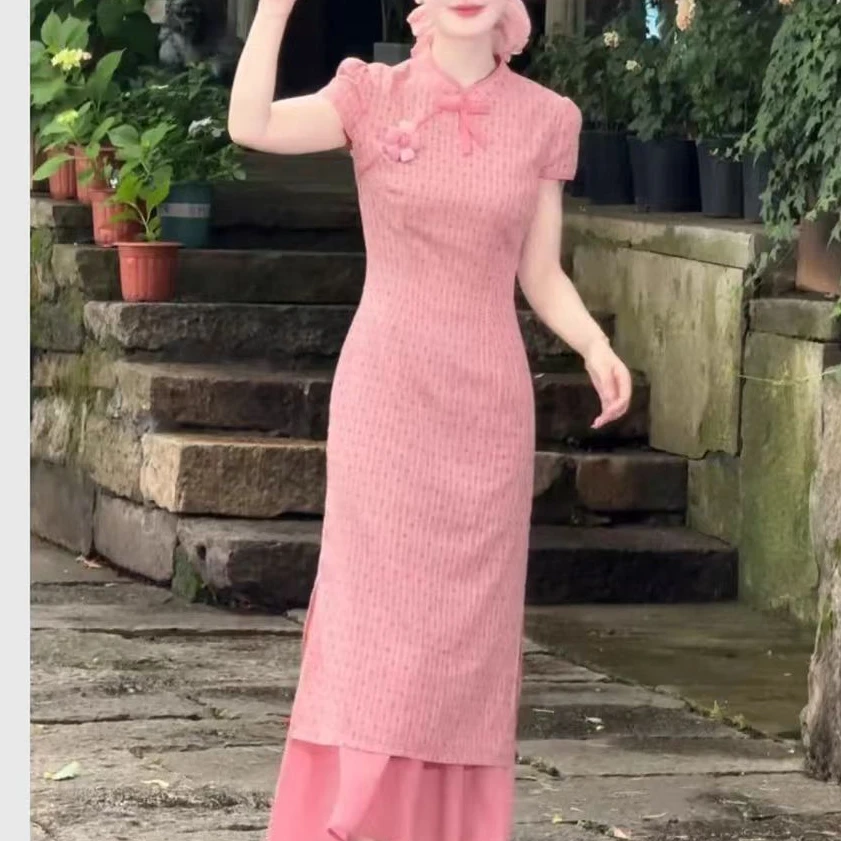 现601#新中式黄色连衣裙气质修身旗袍改良年轻款高级感国风盘扣裙