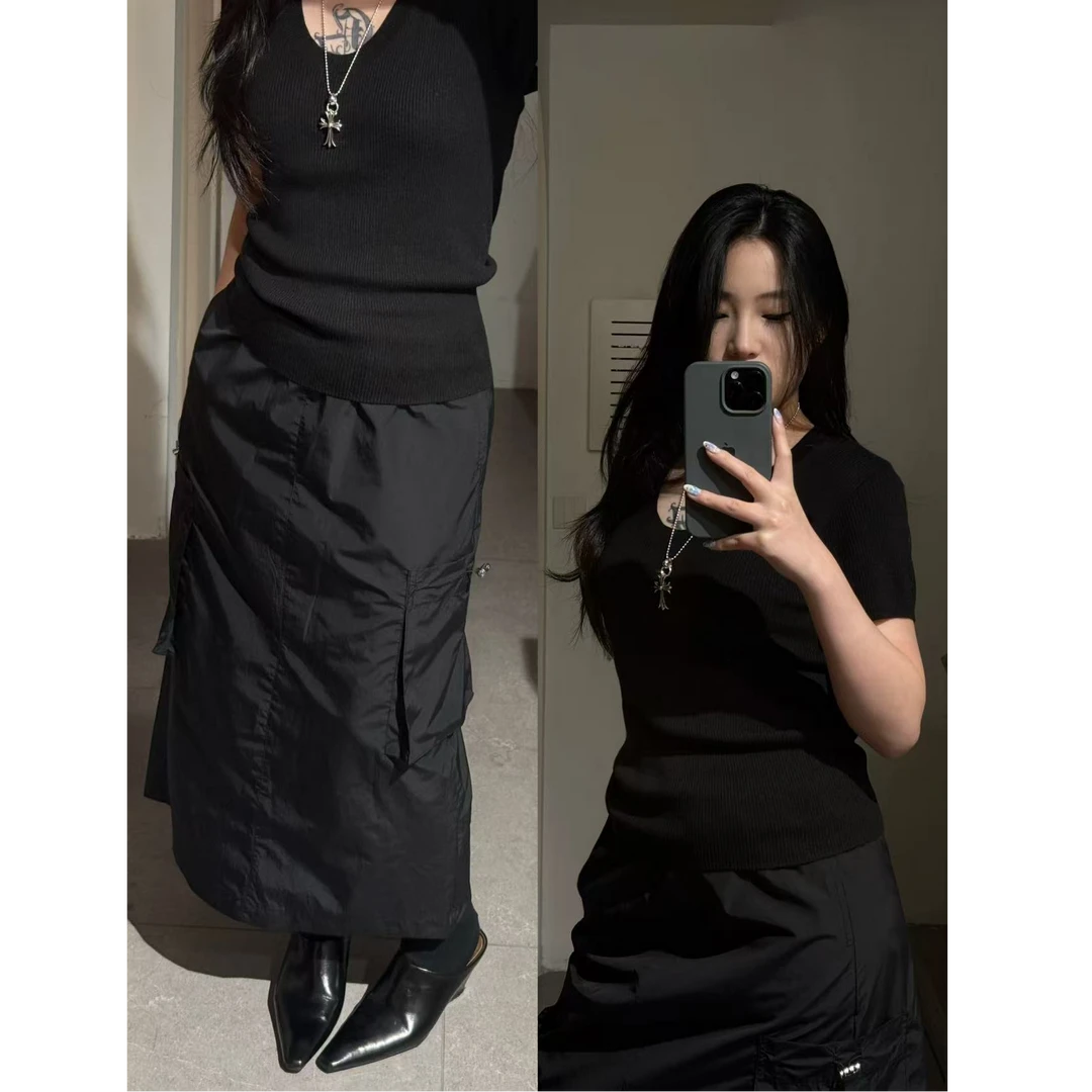 韩代自留时尚百搭纯色显瘦休闲帅气大口袋工装速干直筒半裙【no退】