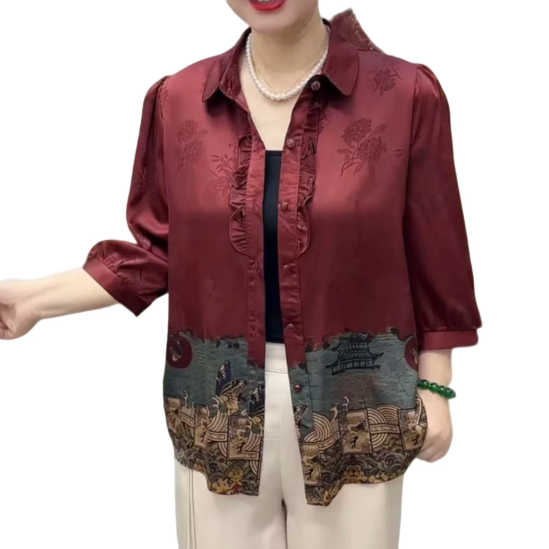 新款翻领加肥加大新中式国风中袖翻领妈妈装开衫