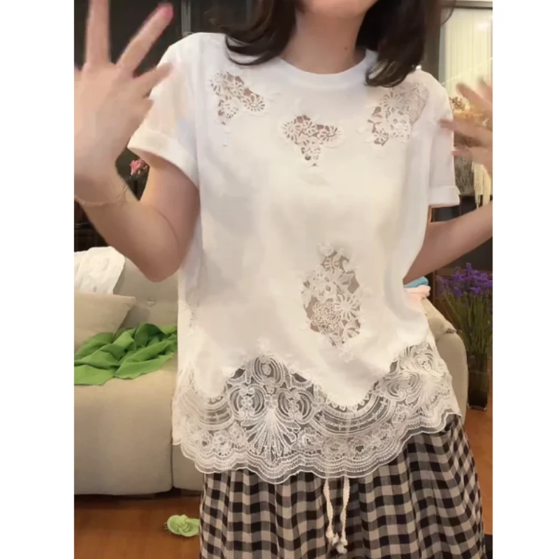 2025春夏新款小众时尚圆领镂空蕾丝花边T恤LK2502788