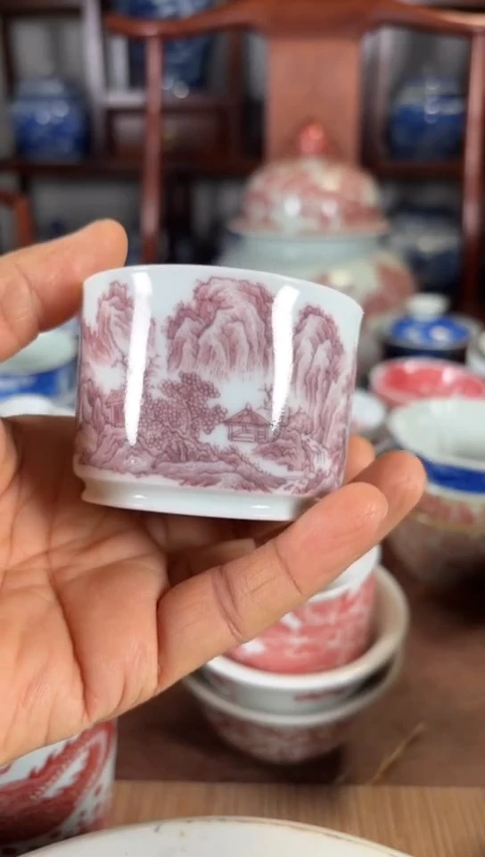 宋**韵柴窑釉里红山水杯杯