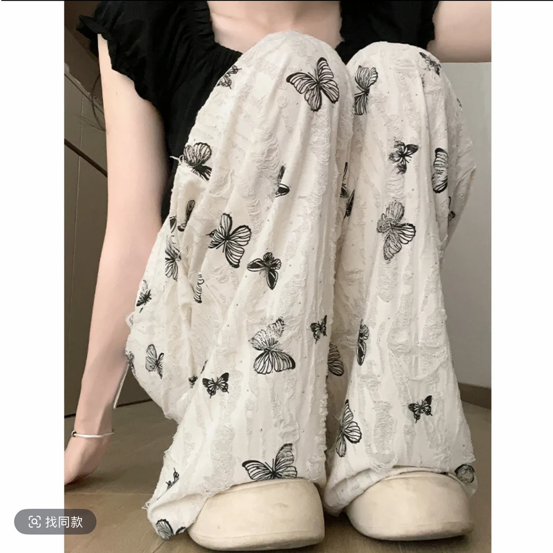 高个子175加长破洞烫钻白色不透2025夏季新款遮肉显瘦阔腿拖地裤