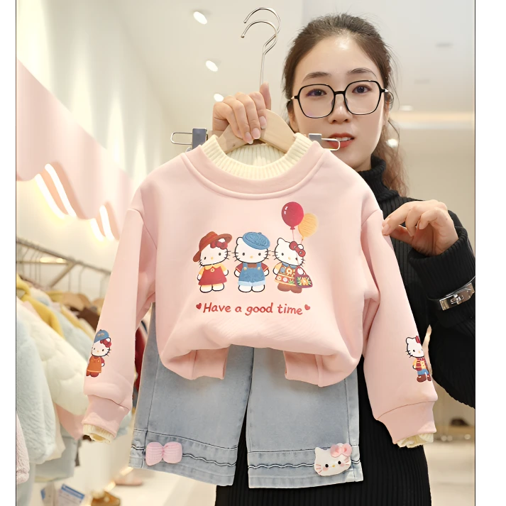 【小丸子】56450加绒加厚女童粉色卫衣+立体蝴蝶结牛仔裤两件套套装