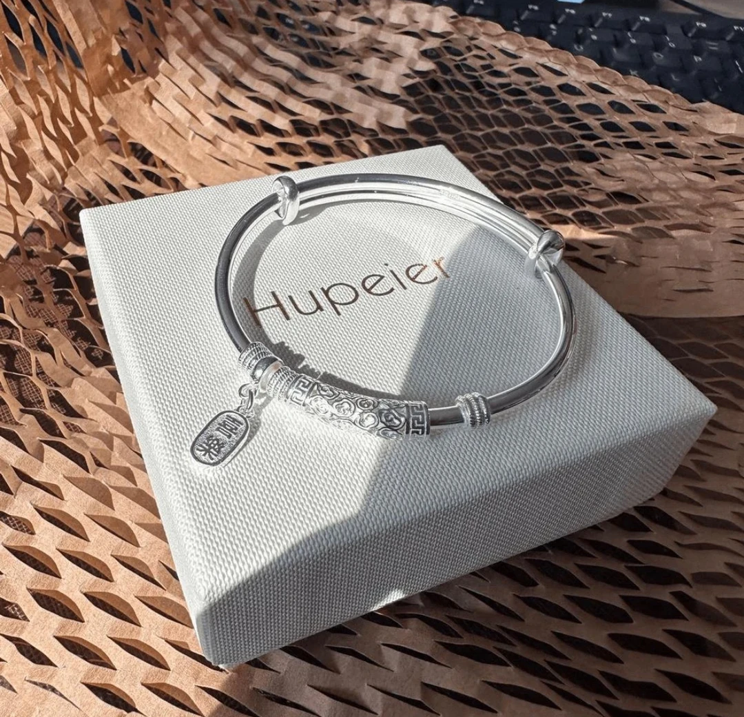 足银手镯 足银9999平安喜乐国风祥云推拉实心祈福寓意礼物银手镯