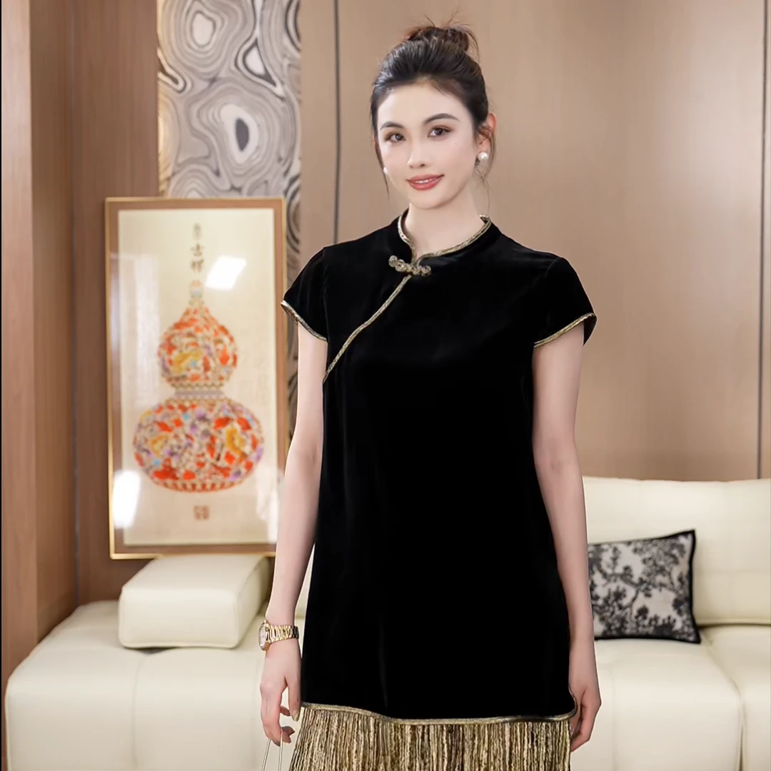 手工盘扣金线斜襟真丝丝绒新中式简约奥黛百搭国风上衣A050756