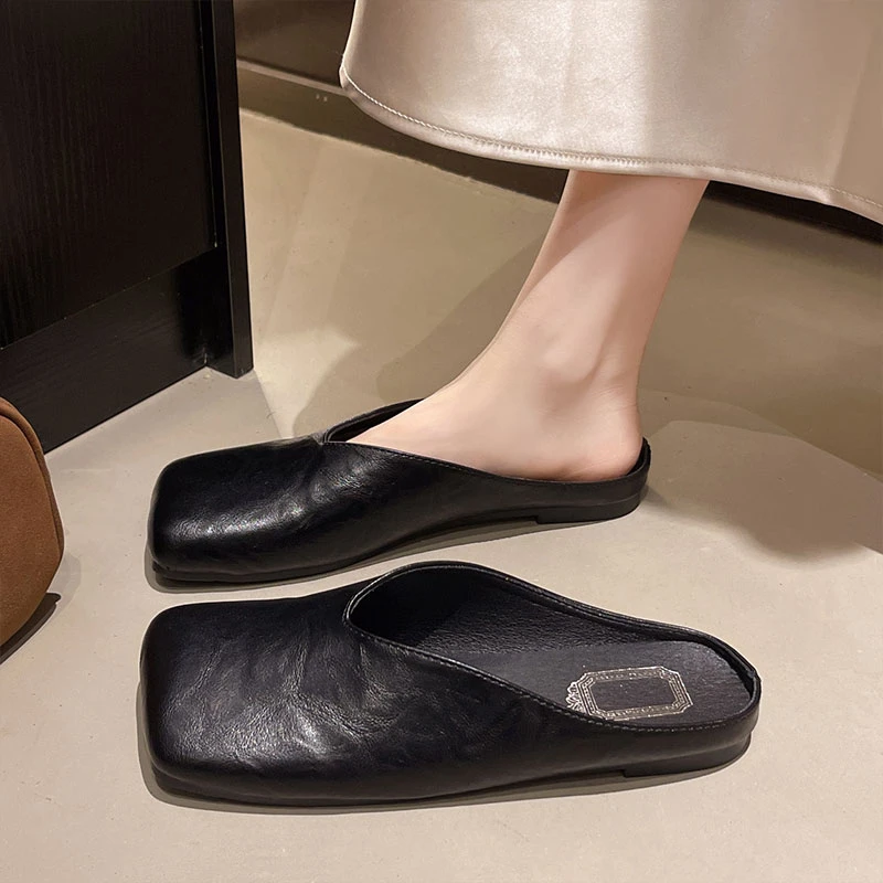 韩版包头半拖鞋女外穿2025夏季新款高级感一脚蹬厚底方头穆勒凉拖